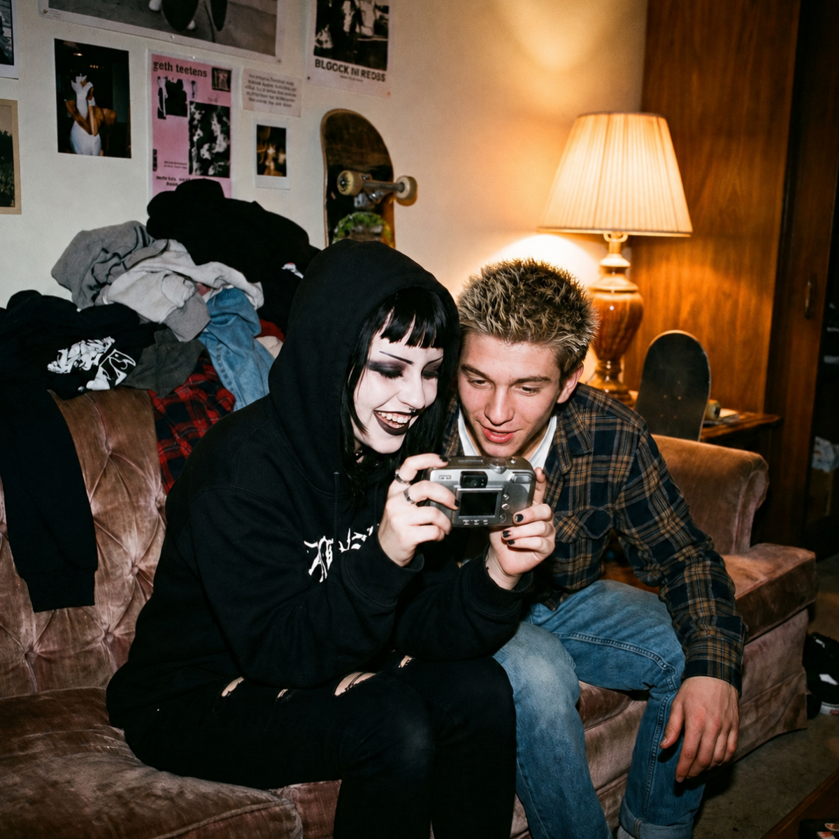 Two young people sitting on a dusty mauve-brown couch in a dimly lit room, looking at a camera. The person on the left wears a black hoodie and black pants, and the person on the right wears a brown plaid flannel shirt and blue jeans.